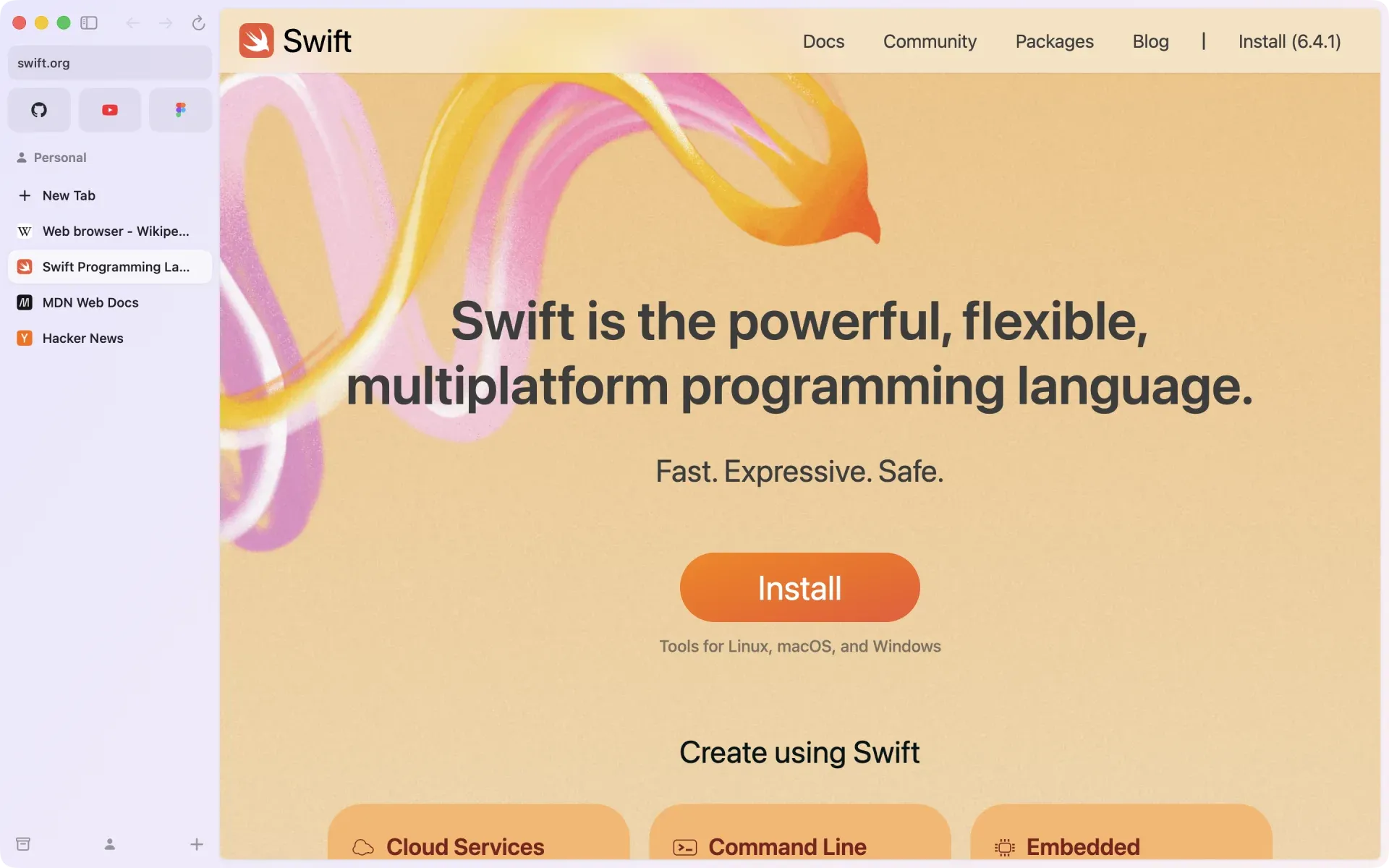 The Arrow window: a sidebar with favorites and today’s tabs on the left, the swift.org website on the right.